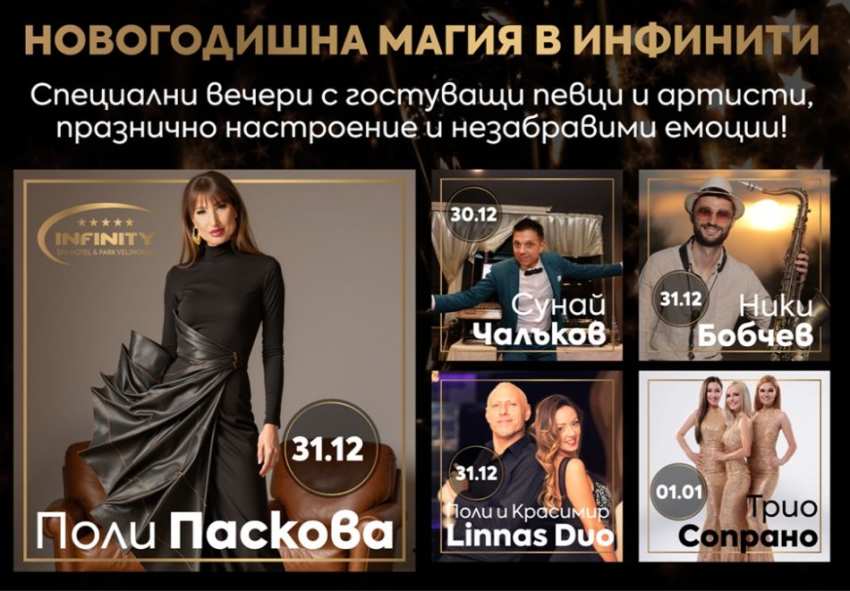 Нова година в Инфинити Парк Хотел и Спа*****, Велинград! 3 нощувки на човек със закуски и вечери, едната Празнична + музикално-развлекателна програма + термални басейни и СПА зона Нова година в Инфинити Парк Хотел и Спа*****, Велинград! 3 нощувки на човек със закуски и вечери, едната Празнична + музикално-развлекателна програма + термални басейни и СПА зона
